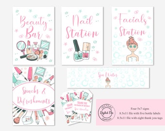 May include: A collection of printable spa party signs and labels. The signs include "Beauty Bar," "Nail Station," "Facials Station," and "Snacks & Refreshments." The design features hand-drawn illustrations of makeup and spa-related items in pink and teal.