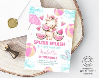 Unicorn Pool Birthday Party Invitation, Magical Unicorn Girl Birthday Invite, Splish Splash Watermelon Birthday, Kids Beach Birthday Digital