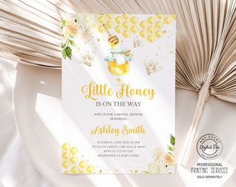 May include: A white invitation with a watercolor design featuring a honey pot, bees, and honeycomb. The text reads "a Little Honey is on the Way" and includes event details for a bridal shower honoring Ashley Smith.