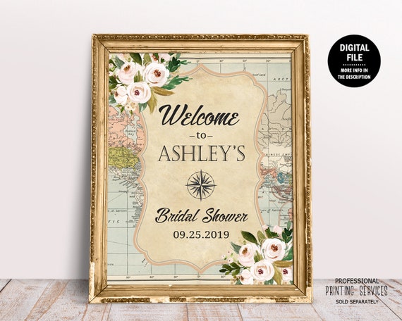 World Map Bridal Shower Welcome Sign, Printable Floral Travel Theme Rustic Wedding Shower Decor Il_570xn