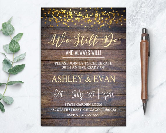 Rustic Wedding Anniversary Invitation, We Still Do Vow Renewal Invitation, Gold Glitter Anniversary Party Invite, Wood Wedding Shower Invite Il_570xn