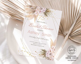 Pampas Grass Bridal Shower Invitation, Floral Bohemian Geometric Gold Frame Wedding Luncheon Invite, Modern Desert Theme Bridal Brunch 1041