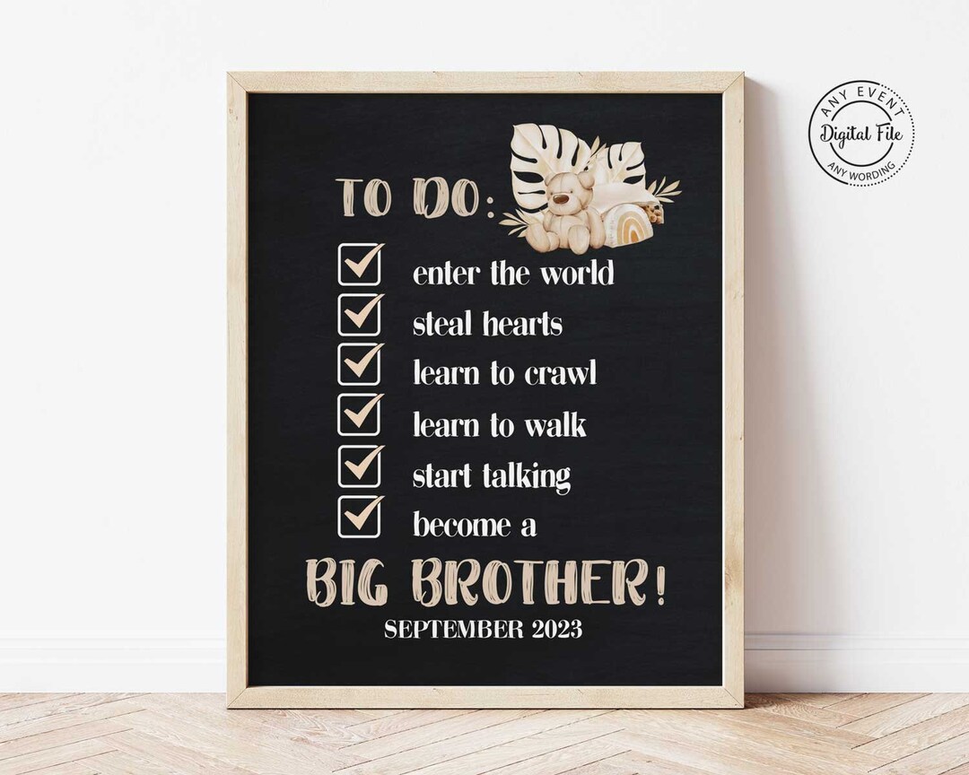 Big Brother to Do List, Big Brother Announcement Boho Teddy Sign, Big