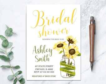 Sunflower Mason Jar Bridal Shower Invite, Country Wedding Shower Invitation, Printable Flower Shower Invite, Southern Bridal Party
