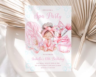 May include: A pink and blue spa party invitation with a cartoon illustration of a girl wearing a pink robe and a headband. The text reads "Join us for a Spa Party to celebrate Isabella's 10th Birthday".