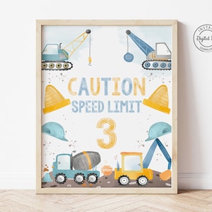 Bouw verjaardag snelheidslimiet bord, vuile 3e verjaardagsdecoratie jongen, stop het verkeer 3e verjaardag decoraties dumper feest graafmachine