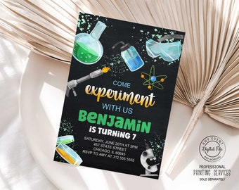 May include: A black chalkboard style invitation with green, blue, and yellow science themed illustrations. The text reads "Come experiment with us Benjamin is turning 7. Saturday, June 20th at 3pm, 457 State Street, Chicago, IL 60645. RSVP to Amy at 312 555 5555."