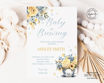 Baby is Brewing Invitation, Tea Party Baby Shower Printable, Baby Brunch Invite Blue Yellow Floral High Tea Party Par-Tea Bridal Shower