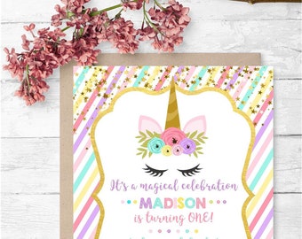 Custom Printed 4.25X5.5" Unicorn Birthday Invitations, Unicorn Face, Unicorn Birthday Party, Invitation, White or Kraft envelopes included