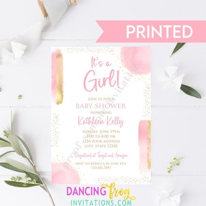 It's a Girl, Pink Watercolor Baby Shower Invitation, Girl Pink Gold Baby Shower Invitations, Baby Shower, Simple, 5X7 PRINTED, with envelope