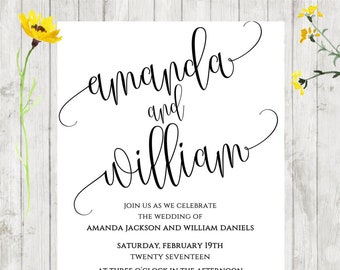 Custom PRINTED Simple Elegant Black and White Wedding Invitations - .99 each with envelopes included