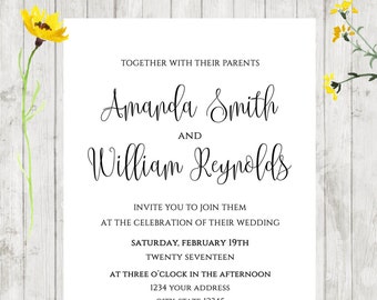 Custom PRINTED Simple Elegant Black and White Wedding Invitations - .99 each with envelopes included