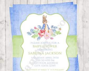 Custom PRINTED 4.25X5.5" Watercolor Rabbit Baby Shower Invitations - envelope included - .75 each - by Dancing Frog Invitations