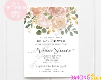 Custom PRINTED 4.25X5.5 Greenery, Blush Pink Floral Bridal Shower invitation, kraft or white envelope included