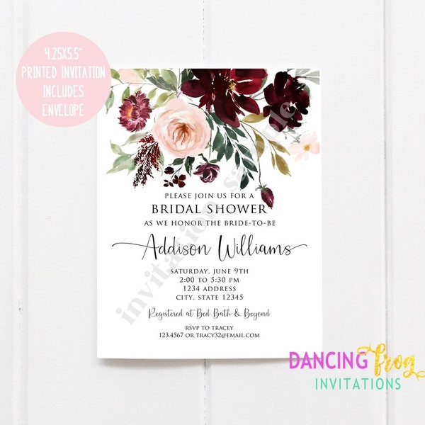 Custom PRINTED 4.25X5.5 Burgundy, Blush Pink Floral Bridal Shower invitation, kraft or white envelope included