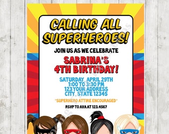All Girl Superhero Birthday Invitation - Custom Printed Superhero Birthday Invitation - by Dancing Frog Invitations