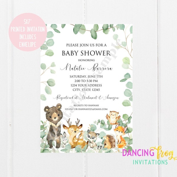 Custom Printed 5X7" Woodland Baby Shower Invitation, Greenery Woodland, Wild Animals, Woods, Greenery, white or kraft envelopes