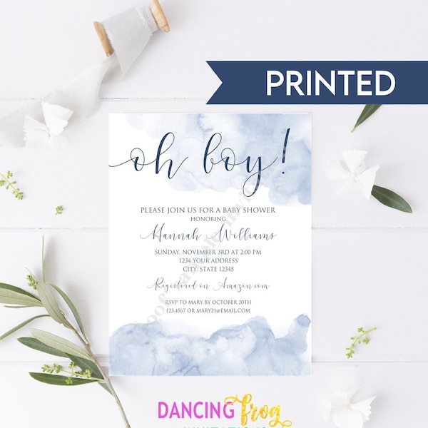 PRINTED 4.25X5.5 Watercolor Baby Shower invitation, Navy Blue Baby Shower Invitation, Simple Baby Shower, Oh Boy, envelope included