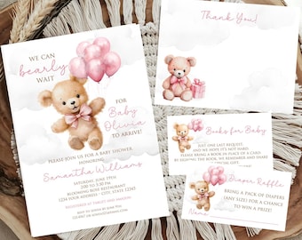 PRINTED 5X7, We Can Bearly Wait Baby Shower Invitation, We Can Bearly Wait Baby, Pink Teddy Bear Baby Shower Invitation, with envelope