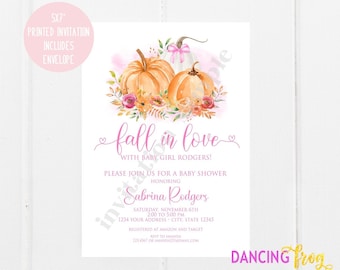 Custom Printed 5X7" Watercolor Floral, Autumn, Fall in Love, Baby Shower, Pumpkin Baby Shower Invitation, white or kraft envelopes