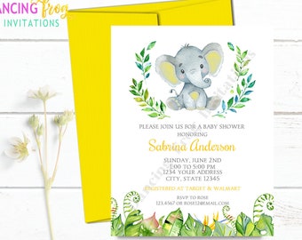 Custom Printed 4.25X5.5"  Watercolor Elephant Baby Shower - Yellow Elephant Baby Shower Invitations, Gender Neutral, Elephant, with envelope