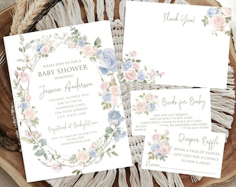 Floral Gender Neutral Baby Shower Invitation, Pink Blue Pastel Floral Baby Shower Invitation, PRINTED 5X7, Printed Invitations with envelope