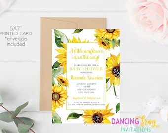 Sunflower Baby Shower Invitation, Sunflower Floral Baby Shower, A little Sunflower is on the way, 5X7" Printed, with envelope