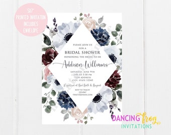 Custom Printed 5X7" Watercolor Floral Bridal Shower Invitations, Navy, Pink, Burgundy Bridal Shower Invitation, white or kraft envelopes