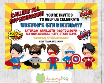 Boy Girl Superhero Birthday Invitation - Custom Printed Superhero Birthday Invitation - by Dancing Frog Invitations
