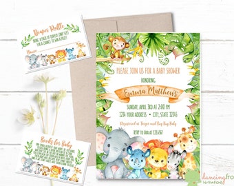 Custom Printed 5X7" Watercolor Wild Animals, Jungle, Safari, Boy, Girl, or Gender Neutral Baby Shower Invitations, kraft or white envelopes