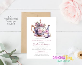 Printed 5X7" Floral Bridal Shower Tea Party, Tea Bridal Shower, Bridal Shower High Tea Invitation, white or kraft envelopes