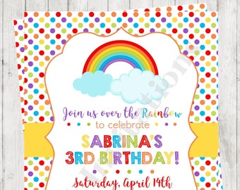 Custom Printed 4.25X5.5" Rainbow Dots Birthday, Over the Rainbow, Rainbow Birthday Invitations, envelopes included