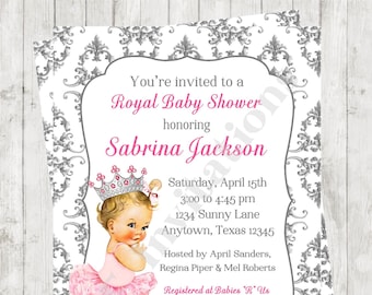 Custom Printed 4.25X5.5"  Vintage Antique Royal Princess Baby Shower - Select skin/hair color , envelopes included