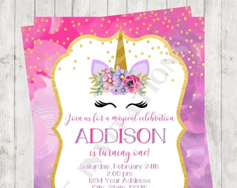 Custom Printed 4.25X5.5" Purple and Pink Unicorn Birthday Invitations, Unicorn Face, Unicorn Party, Invitation, envelopes included