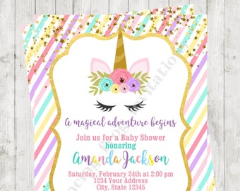 Custom Printed 4.25X5.5" Unicorn Baby Shower Invitations, Unicorn Face, Unicorn Shower, Invitation, envelopes included