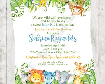 Custom Printed 4.25X5.5" Watercolor Wild Animals, Jungle, Safari, Boy, Girl, or Gender Neutral Baby Shower Invitations, envelopes included