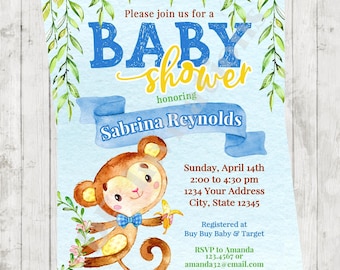 Custom Printed 5X7" Watercolor Monkey, Wild Animals, Jungle, Safari, Boy, Blue, Baby Shower Invitations, envelopes included