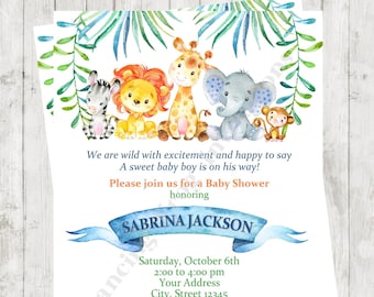 Custom Printed 4.25X5.5" Watercolor Wild Animals, Jungle, Safari, Boy, Girl, or Gender Neutral Baby Shower Invitations, envelopes included