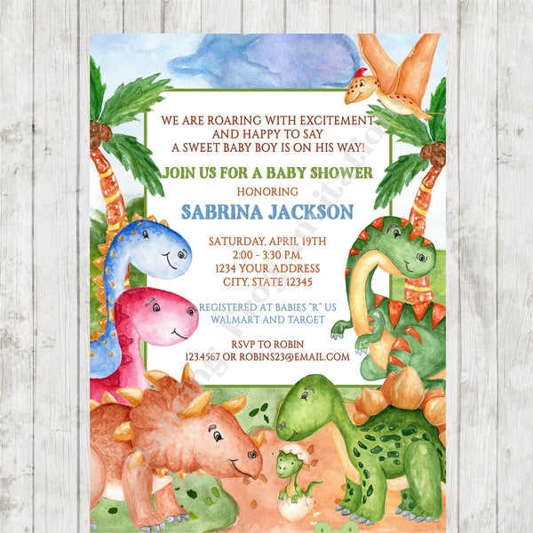 Custom PRINTED Watercolor Dinosaur Baby Shower Invitations - envelope included - .99 each - by Dancing Frog Invitations