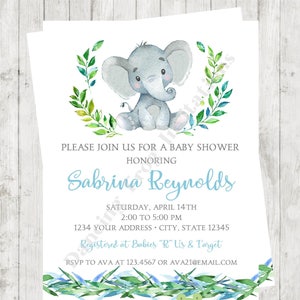 Custom Printed 4.25X5.5" Watercolor Elephant Baby Shower Invitations, envelopes included