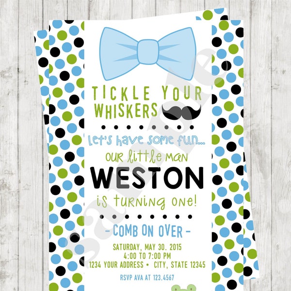 Custom Printed, Bow tie, Mustache Bash Birthday Party Invitation - Printed Mustache Birthday Party Invitation by Dancing Frog Invitations