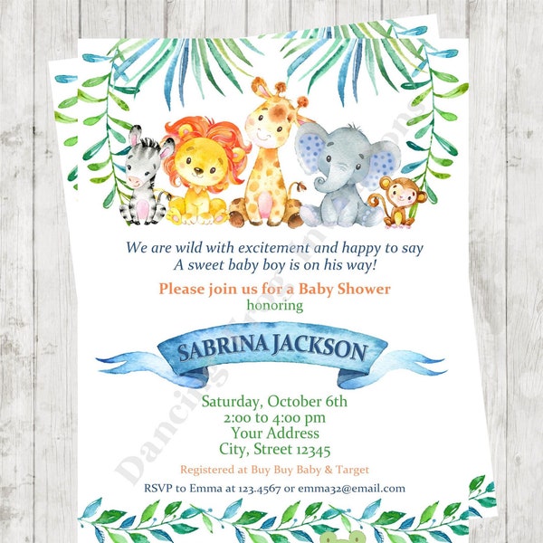 Custom Printed 4.25X5.5" Watercolor Wild Animals, Jungle, Safari, Boy, Girl, or Gender Neutral Baby Shower Invitations, envelopes included