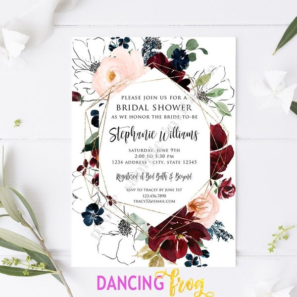 PRINTED 5X7" Burgundy and Navy Floral Bridal Shower invitation, Navy Burgundy Pink Floral Bridal Shower Invitation, envelope included