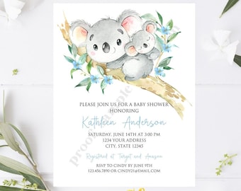 PRINTED 4.25X5.5 Watercolor Koala Baby Shower invitation, Boy Baby Shower Invitation, Koala Baby Shower, envelope included