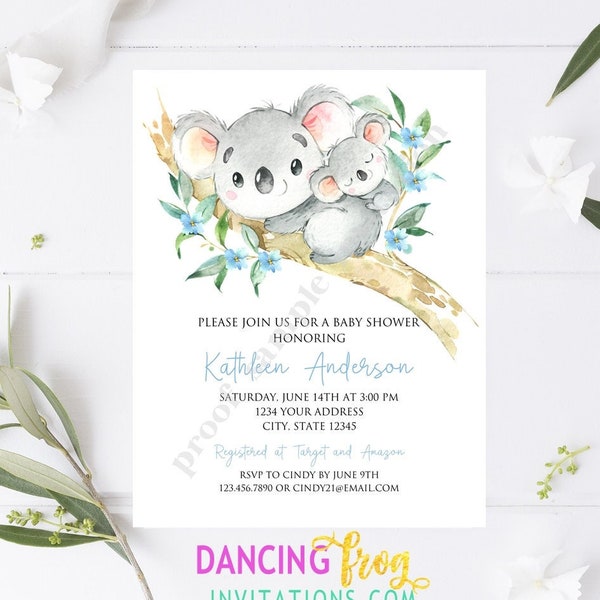 PRINTED 4.25X5.5 Watercolor Koala Baby Shower invitation, Boy Baby Shower Invitation, Koala Baby Shower, envelope included