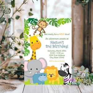 May include: A jungle-themed birthday invitation with a giraffe, monkey, elephant, lion, and zebra. The invitation says "Get ready for a WILD time! An adventure awaits at Weston's 2nd Birthday!"  Saturday, March 28th 10:00-11:30 am 1234 Your Address City, State 12345 RSVP to Ava at 123.4546