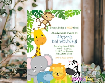 Printed, Jungle Birthday Invitations, Printed Jungle Safari Birthday Invitation, 5X7" with envelopes