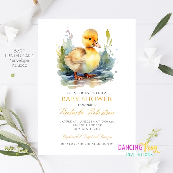 Printed Duck Baby Shower Invitations, Duck Baby Shower, ducky baby shower, Watercolor Duck Baby Shower Invitations, 5X7" with envelopes