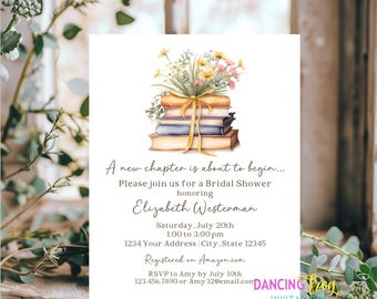 May include: A bridal shower invitation with a watercolor illustration of a stack of books tied with a yellow ribbon and a bouquet of flowers. The text reads "A new chapter is about to begin... Please join us for a Bridal Shower honoring Elizabeth Westerman Saturday, July 20th 1:00 to 3:00 pm 1234 Your Address City, State 12345 Registered on Amazon.com RSVP to Amy by July 10th 123.456.7890 or Amy32@email.com DANCING INVITATIONS"
