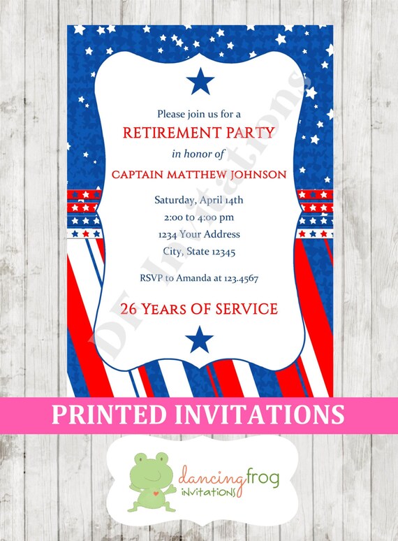 Custom PRINTED Military Retirement Party Invitations envelope included Printed Invitation by Dancing Frog Invitations
